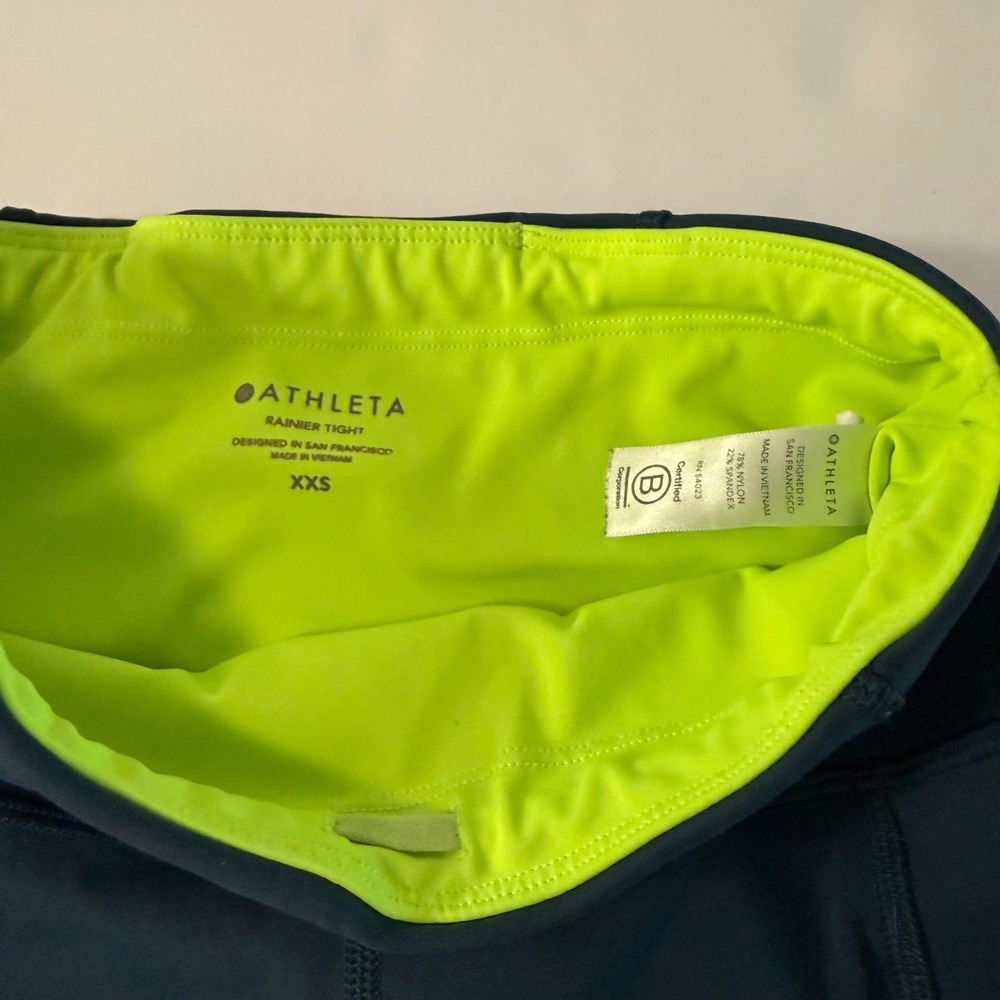 Athleta Rainier Tight Teal Neon Yellow High Rise Leggings‎ Zip Pockets XXS - Picture 5 of 16